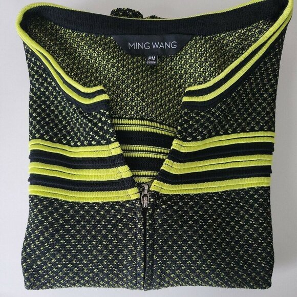 Ming Wang Zip Front Cardigan Jacket Black Green Trim Knit 3/4 Sleeve Petite M - Picture 11 of 12